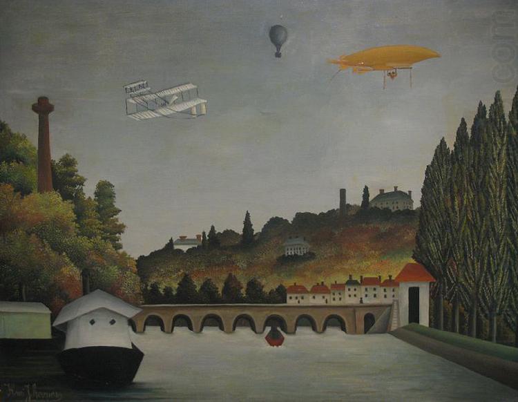 Henri Rousseau View of the Pont Sevres and the Hills of Clamart, Saint-Cloud, and Bellevue with Biplane, Ballon and Dirigible By Henri Rousseau china oil painting image